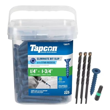 Tapcon 1/4-inch x 1-3/4-inch Climaseal Blue Flat Head T30 Concrete Screw Anchors With Drill Bit, 225PK 24575CT25